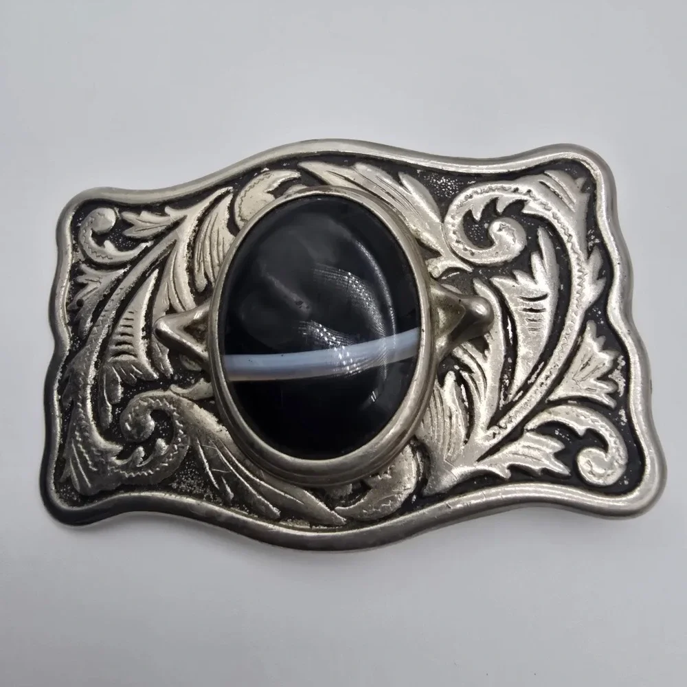 Centerpiece Black Banded‎ Cabochon Silver Tone Western Framed Belt Buckle